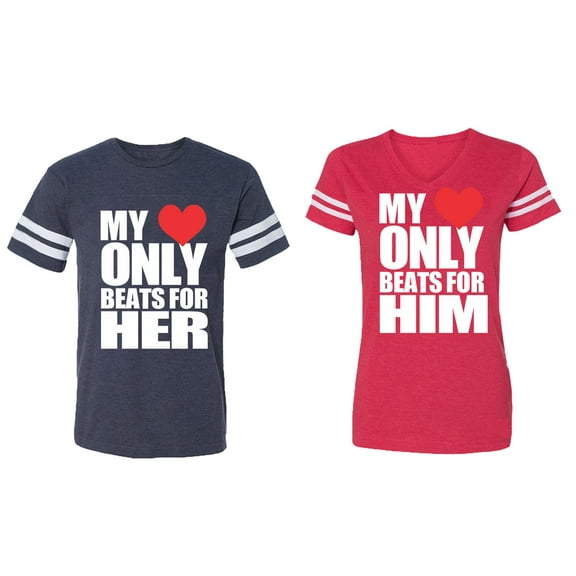 My Heart Only Beat For Her Him Matching Couple Cotton Jerseys (Men Navy / Women Red) (Men L / Women XXL)