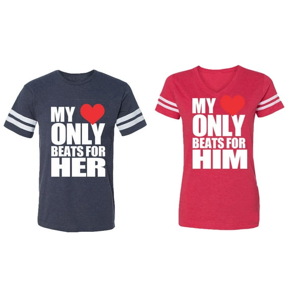 My Heart Only Beat For Her Him Matching Couple Cotton Jerseys (Men Navy / Women Red) (Men M / Women XL)
