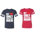 thumbnail image 1 of My Heart Only Beat For Her Him Matching Couple Cotton Jerseys (Men Navy / Women Red) (Men XL / Women M), 1 of 3