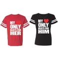 thumbnail image 1 of My Heart Only Beat For Her Him Matching Couple Cotton Jerseys (Men Red / Women Black) (Men M / Women L), 1 of 3