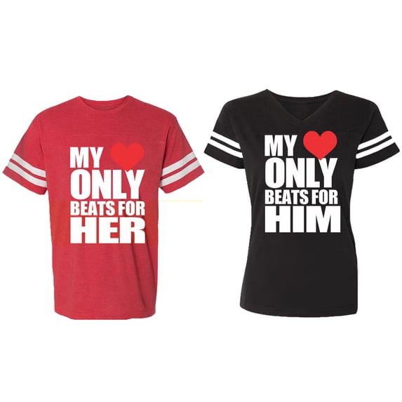 My Heart Only Beat For Her Him Matching Couple Cotton Jerseys (Men Red / Women Black) (Men XXL / Women L)