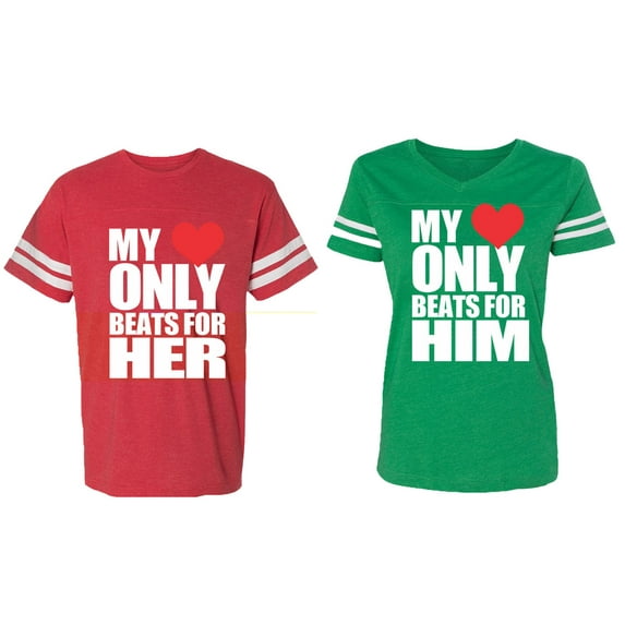 My Heart Only Beat For Her Him Matching Couple Cotton Jerseys (Men Red / Women Green) (Men XL / Women L)
