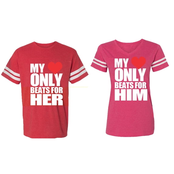 My Heart Only Beat For Her Him Matching Couple Cotton Jerseys (Men Red / Women Pink) (Men XXL / Women L)