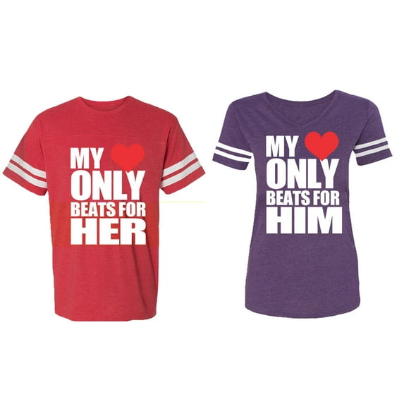 My Heart Only Beat For Her Him Matching Couple Cotton Jerseys (Men Red / Women Purple) (Men M / Women S)