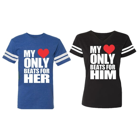 My Heart Only Beat For Her Him Matching Couple Cotton Jerseys (Men Royal / Women Black) (Men S / Women S)