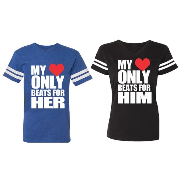 My Heart Only Beat For Her Him Matching Couple Cotton Jerseys (Men Royal / Women Black) (Men XXL / Women S)