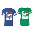 thumbnail image 1 of My Heart Only Beat For Her Him Matching Couple Cotton Jerseys (Men Royal / Women Green) (Men XL / Women M), 1 of 3