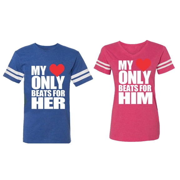My Heart Only Beat For Her Him Matching Couple Cotton Jerseys (Men Royal / Women Pink) (Men M / Women S)
