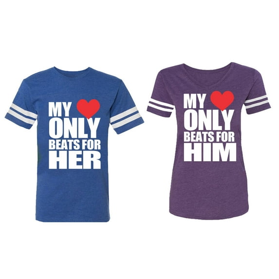 My Heart Only Beat For Her Him Matching Couple Cotton Jerseys (Men Royal / Women Purple) (Men XXL / Women XL)