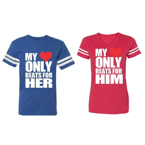 My Heart Only Beat For Her Him Matching Couple Cotton Jerseys (Men Royal / Women Red) (Men XXL / Women XXL)