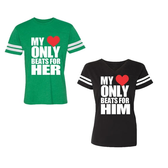 My Heart Only Beat For Her Him Unisex Couple Matching Cotton Jersey style T-Shirt Contrasting stripes on sleeves (Men Green / Women Black) (Men L / Women L)