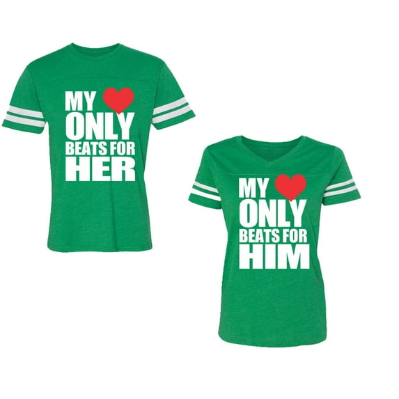 My Heart Only Beat For Her Him Unisex Couple Matching Cotton Jersey style T-Shirt Contrasting stripes on sleeves (Men Green / Women Green) (Men XXL / Women S)