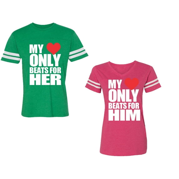 My Heart Only Beat For Her Him Unisex Couple Matching Cotton Jersey style T-Shirt Contrasting stripes on sleeves (Men Green / Women Pink) (Men XL / Women XXL)