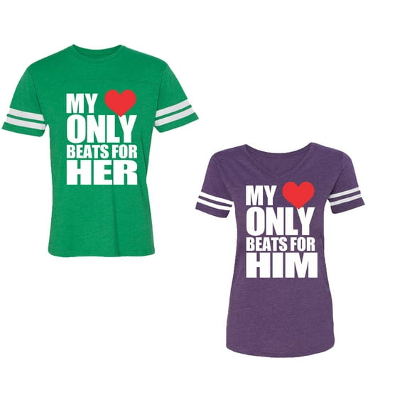 My Heart Only Beat For Her Him Unisex Couple Matching Cotton Jersey style T-Shirt Contrasting stripes on sleeves (Men Green / Women Purple) (Men M / Women L)