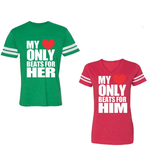 My Heart Only Beat For Her Him Unisex Couple Matching Cotton Jersey style T-Shirt Contrasting stripes on sleeves (Men Green / Women Red) (Men L / Women XXL)