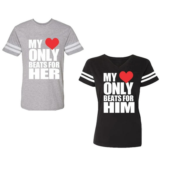 My Heart Only Beat For Her Him Unisex Couple Matching Cotton Jersey style T-Shirt Contrasting stripes on sleeves (Men Heather / Women Black) (Men S / Women S)