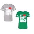 thumbnail image 1 of My Heart Only Beat For Her Him Unisex Couple Matching Cotton Jersey style T-Shirt Contrasting stripes on sleeves (Men Heather / Women Green) (Men XXL / Women XXL), 1 of 3