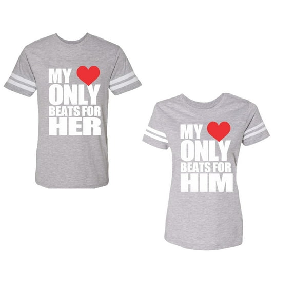 My Heart Only Beat For Her Him Unisex Couple Matching Cotton Jersey style T-Shirt Contrasting stripes on sleeves (Men Heather / Women Heather) (Men XL / Women XXL)