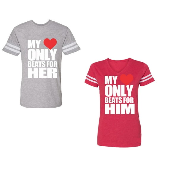 My Heart Only Beat For Her Him Unisex Couple Matching Cotton Jersey style T-Shirt Contrasting stripes on sleeves (Men Heather / Women Red) (Men S / Women XXL)