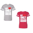 thumbnail image 1 of My Heart Only Beat For Her Him Unisex Couple Matching Cotton Jersey style T-Shirt Contrasting stripes on sleeves (Men Heather / Women Red) (Men XL / Women M), 1 of 3