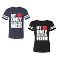 thumbnail image 1 of My Heart Only Beat For Her Him Unisex Couple Matching Cotton Jersey style T-Shirt Contrasting stripes on sleeves (Men Navy / Women Black) (Men L / Women L), 1 of 3