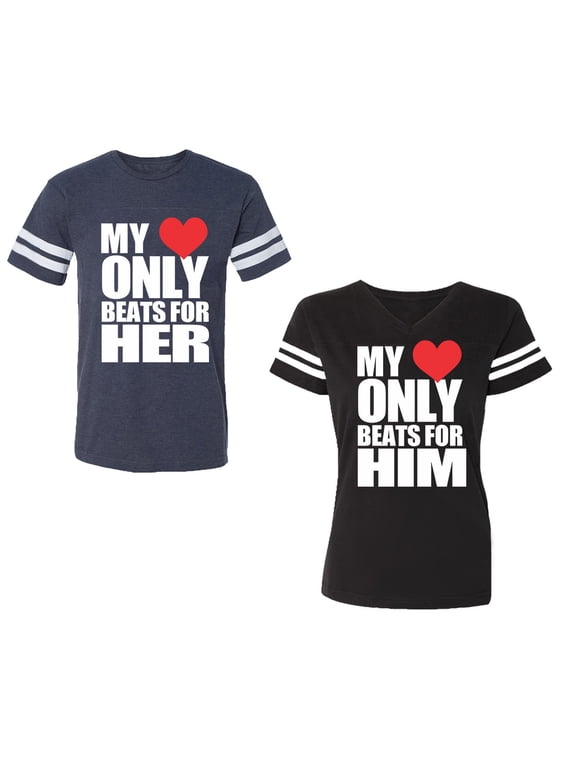 My Heart Only Beat For Her Him Unisex Couple Matching Cotton Jersey style T-Shirt Contrasting stripes on sleeves (Men Navy / Women Black) (Men S / Women S)