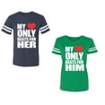 thumbnail image 1 of My Heart Only Beat For Her Him Unisex Couple Matching Cotton Jersey style T-Shirt Contrasting stripes on sleeves (Men Navy / Women Green) (Men L / Women XL), 1 of 3