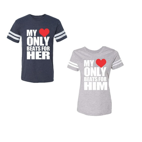 My Heart Only Beat For Her Him Unisex Couple Matching Cotton Jersey style T-Shirt Contrasting stripes on sleeves (Men Navy / Women Heather) (Men XL / Women XL)