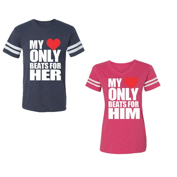 My Heart Only Beat For Her Him Unisex Couple Matching Cotton Jersey style T-Shirt Contrasting stripes on sleeves (Men Navy / Women Pink) (Men L / Women S)