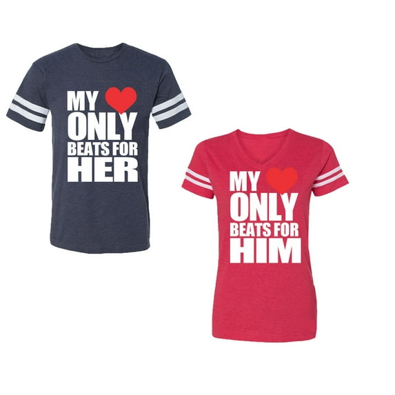 My Heart Only Beat For Her Him Unisex Couple Matching Cotton Jersey style T-Shirt Contrasting stripes on sleeves (Men Navy / Women Red) (Men M / Women XXL)