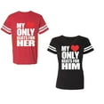 thumbnail image 1 of My Heart Only Beat For Her Him Unisex Couple Matching Cotton Jersey style T-Shirt Contrasting stripes on sleeves (Men Red / Women Black) (Men S / Women M), 1 of 3