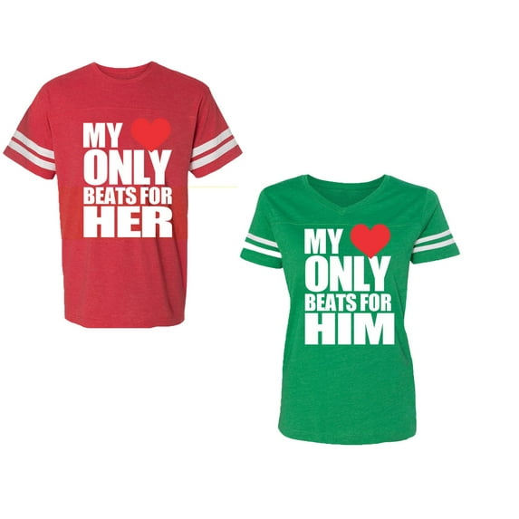My Heart Only Beat For Her Him Unisex Couple Matching Cotton Jersey style T-Shirt Contrasting stripes on sleeves (Men Red / Women Green) (Men L / Women XL)