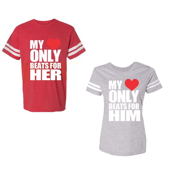 My Heart Only Beat For Her Him Unisex Couple Matching Cotton Jersey style T-Shirt Contrasting stripes on sleeves (Men Red / Women Heather) (Men M / Women S)