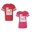 thumbnail image 1 of My Heart Only Beat For Her Him Unisex Couple Matching Cotton Jersey style T-Shirt Contrasting stripes on sleeves (Men Red / Women Pink) (Men L / Women M), 1 of 3