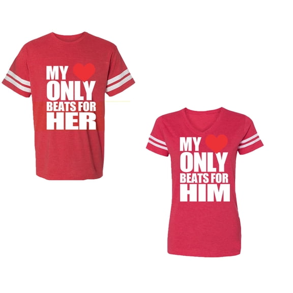 My Heart Only Beat For Her Him Unisex Couple Matching Cotton Jersey style T-Shirt Contrasting stripes on sleeves (Men Red / Women Red) (Men L / Women XL)