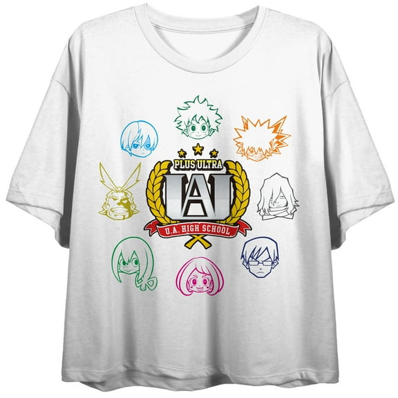 My Hero Academia Anime Character Faces & UA Symbol Juniors White Crop Top-M