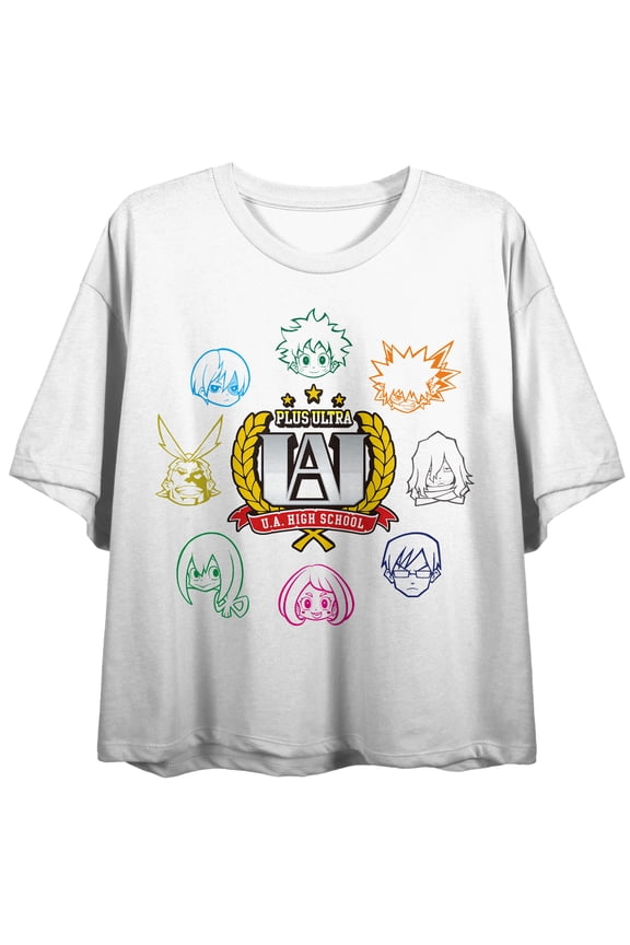 My Hero Academia Anime Character Faces & UA Symbol Juniors White Crop Top-S