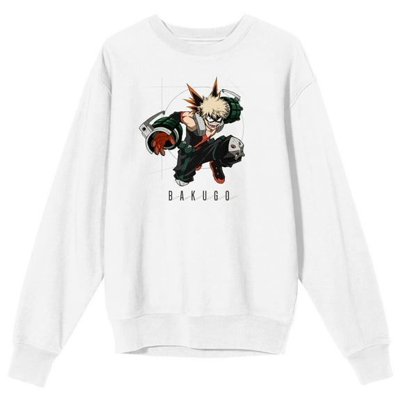 My Hero Academia Bakugo Action Pose Adult White Crew Neck Long Sleeve Sweatshirt-Small