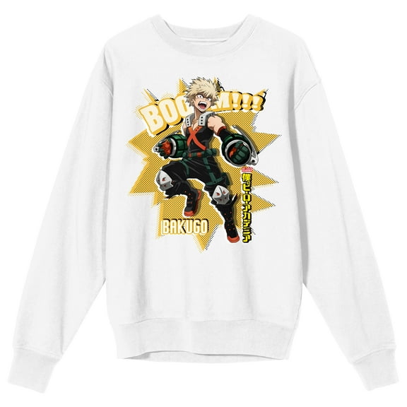 My Hero Academia Bakugo Boom Crew Neck Long Sleeve Adult White Sweatshirt-Small