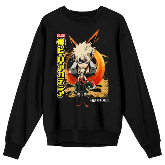My Hero Academia Bakugo Kanji Title Logo Crew Neck Long Sleeve Black Adult Sweatshirt-Large