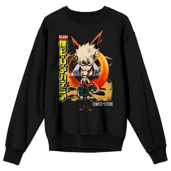 My Hero Academia Bakugo Kanji Title Logo Crew Neck Long Sleeve Black Adult Sweatshirt-Medium
