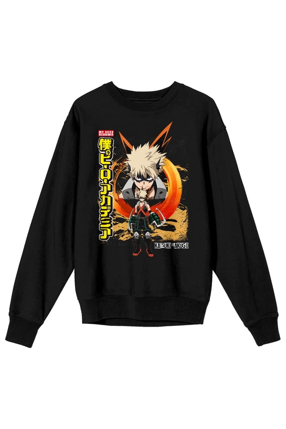 My Hero Academia Bakugo Kanji Title Logo Crew Neck Long Sleeve Black Adult Sweatshirt-Small