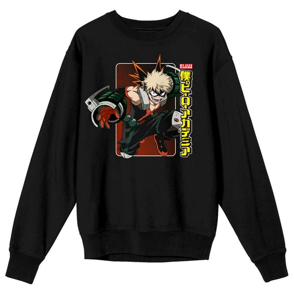 My Hero Academia Bakugo Logo Crew Neck Long Sleeve Black Adult Sweatshirt-Large