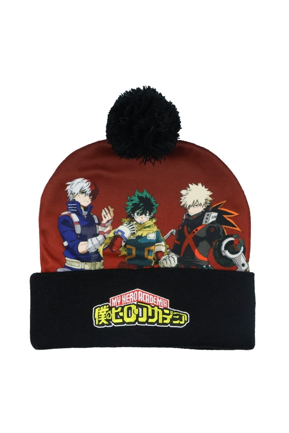My Hero Academia Beanie Deku Shoto Bakugo Sublimated Knit Cuffed Winter Hat with Pom
