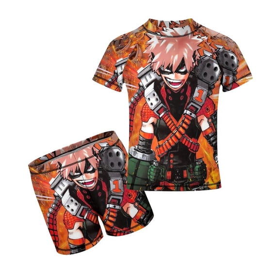 My Hero Academia Boys 2-Piece Swimsuit Set Bathing Suit Short Sleeve Swimwear Sets with Swim Trunk 9-11Y(140cm)