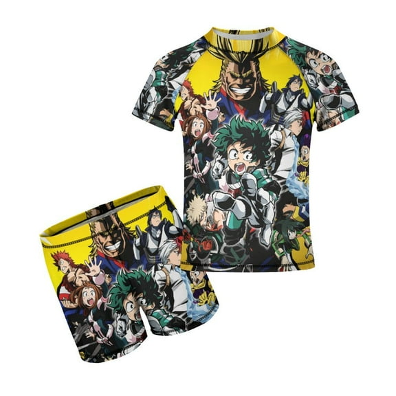 My Hero Academia Boys Rash Guard Set 2 Piece Swimsuits Short Sleeve Bathing Suits with Trunks