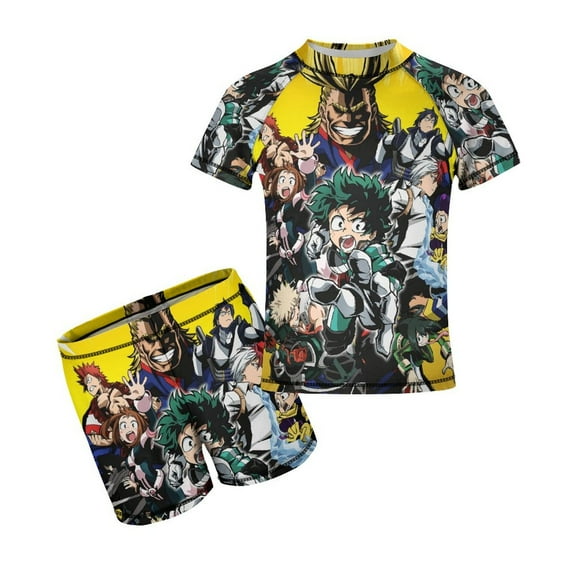 My Hero Academia Boys Rash Guard Set 2 Piece Swimsuits Short Sleeve Bathing Suits with Trunks