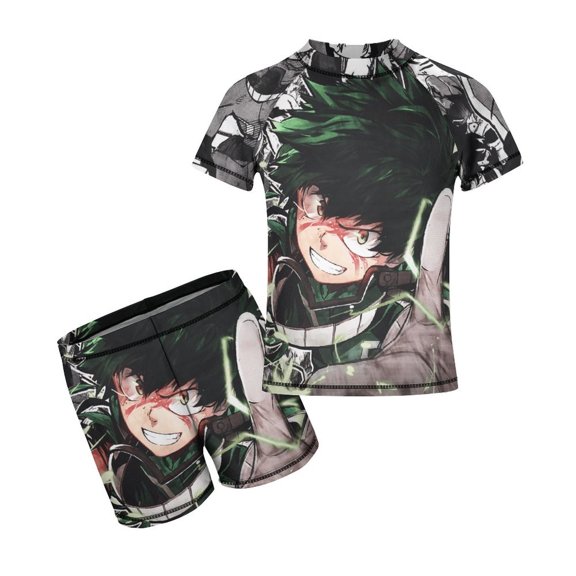 My Hero Academia Boys Rash Guard Set 2 Piece Swimsuits Short Sleeve Bathing Suits with Trunks
