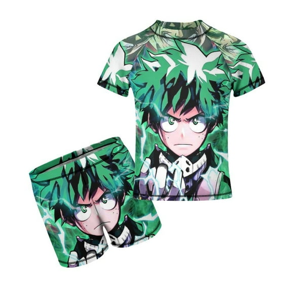 My Hero Academia Boys Rash Guard Set 2 Piece Swimsuits Short Sleeve Bathing Suits with Trunks