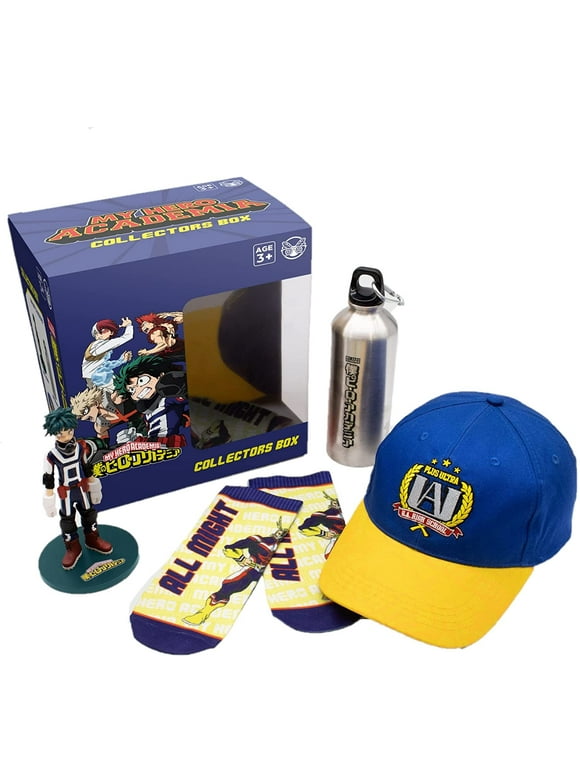My Hero Academia - Collectors Gift Box - Deku Vinyl Anime Figure, UA Baseball Cap, MHA Water Bottle, and All Might Ankle Socks - Anime Merch